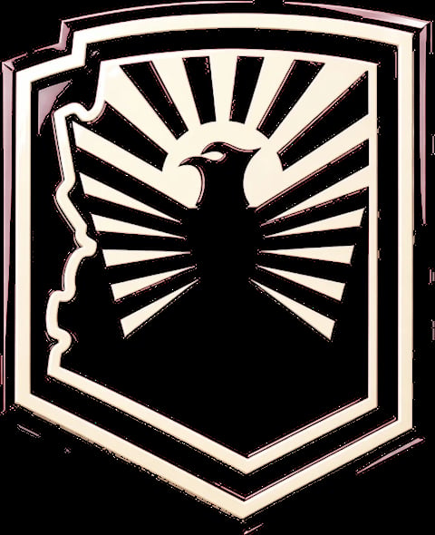 Silhouette of an eagle with spread wings inside a shield emblem with radiating lines and cream-colored border on black background