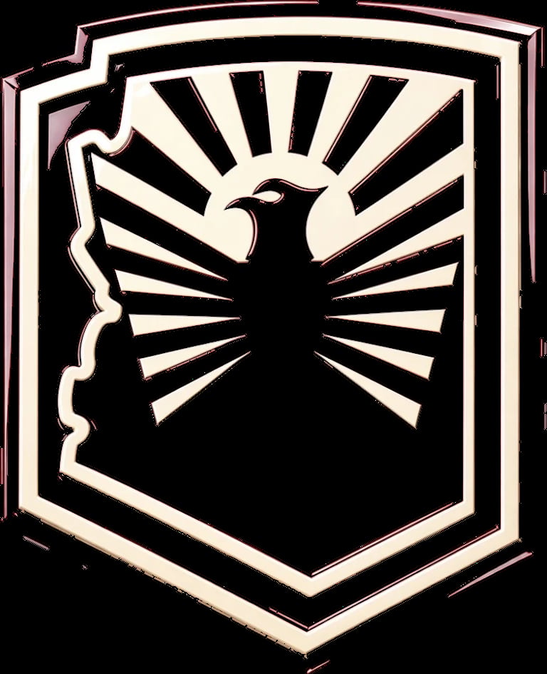 Silhouette of an eagle with spread wings inside a shield emblem with radiating lines and cream-colored border on black background